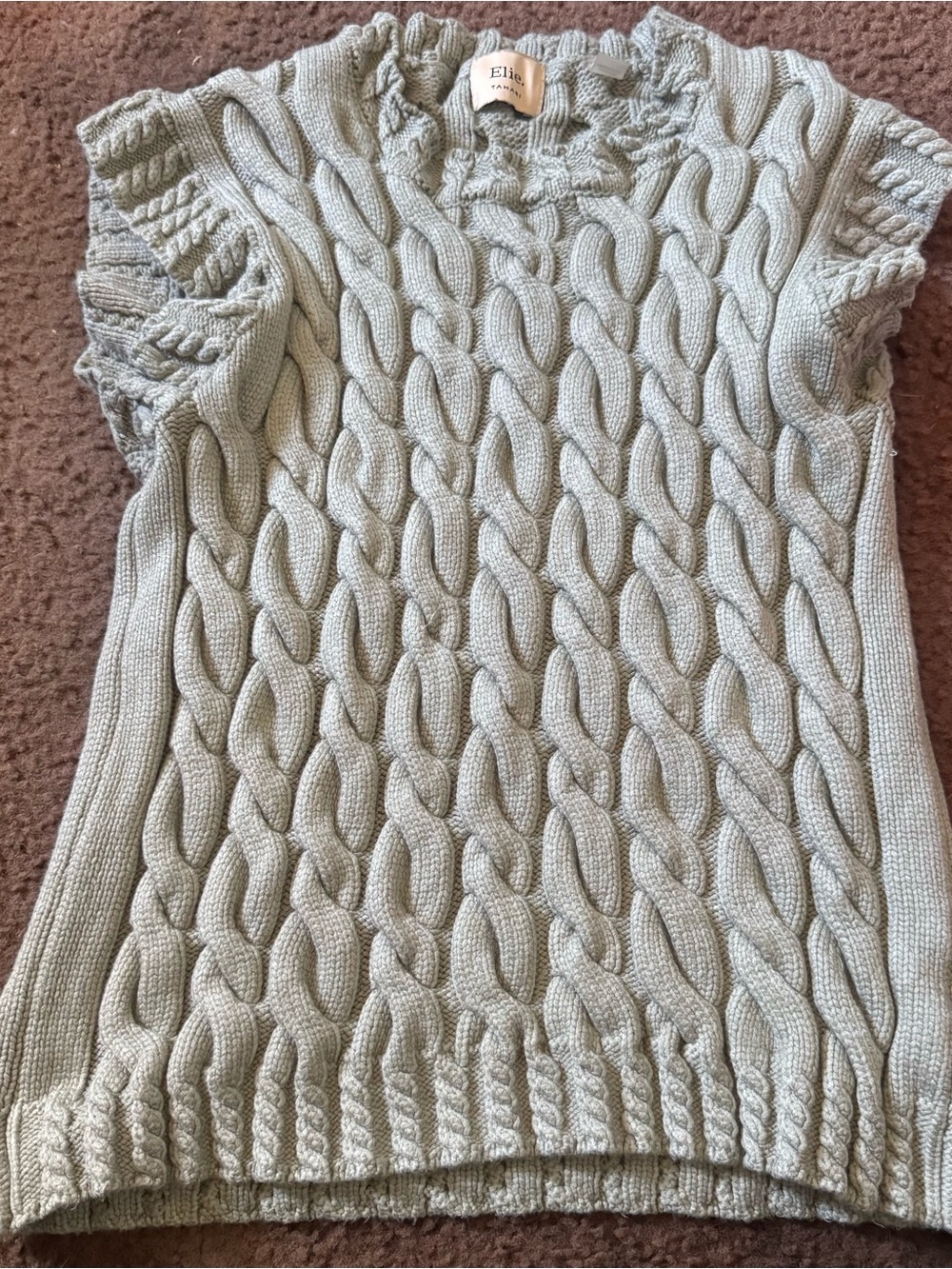 Tahari Light Sage Cable-Knit Short Sleeve Sweater